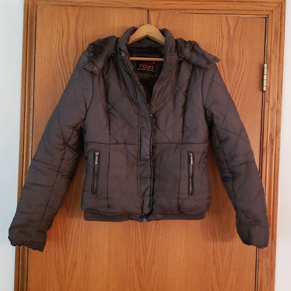 EUC Yoki Brand Olive Colored Faux Fur Lined Quilted Hooded Coat Jacket Sz L